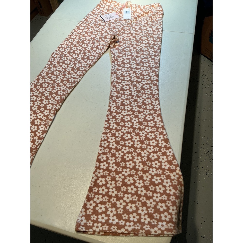 Belle du Jour Hacci Knit Flare Pants Camel Brown Daisy Floral Bell Bottom Large